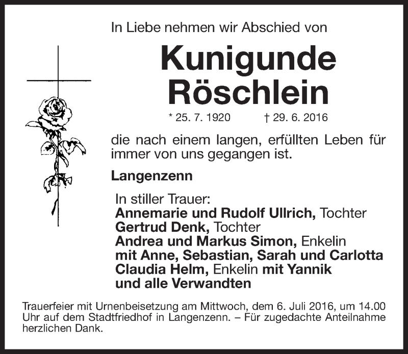  Traueranzeige für Kunigunde Röschlein vom 02.07.2016 aus Fürther Nachrichten Lokal