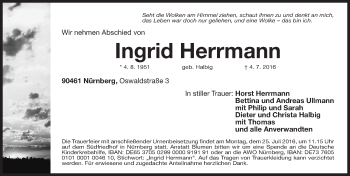 Traueranzeige von Ingrid Herrmann von Gesamtausgabe Nürnberger Nachrichten/ Nürnberger Ztg.