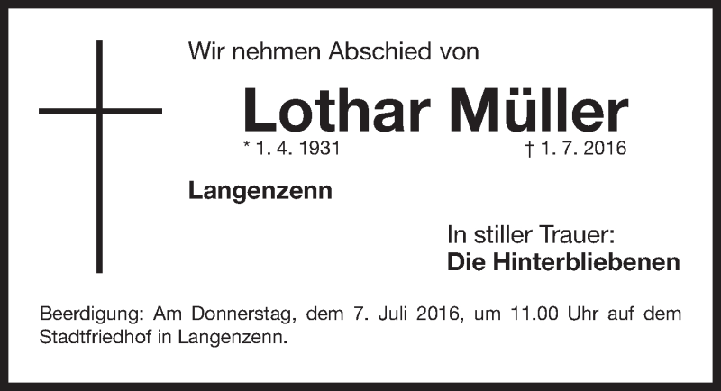  Traueranzeige für Lothar Müller vom 05.07.2016 aus Fürther Nachrichten Lokal