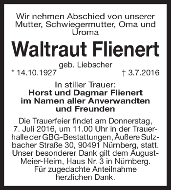 Traueranzeige von Waltraut Flienert von Gesamtausgabe Nürnberger Nachrichten/ Nürnberger Ztg.