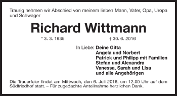 Traueranzeige von Richard Wittmann von Gesamtausgabe Nürnberger Nachrichten/ Nürnberger Ztg.