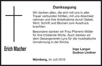 Traueranzeige von Erich Macher von Gesamtausgabe Nürnberger Nachrichten/ Nürnberger Ztg.