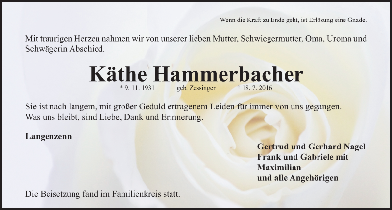  Traueranzeige für Käthe Hammerbacher vom 23.07.2016 aus Fürther Nachrichten Lokal