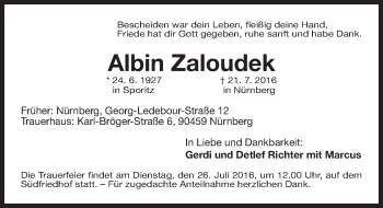 Traueranzeige von Albin Zaloudek von Gesamtausgabe Nürnberger Nachrichten/ Nürnberger Ztg.