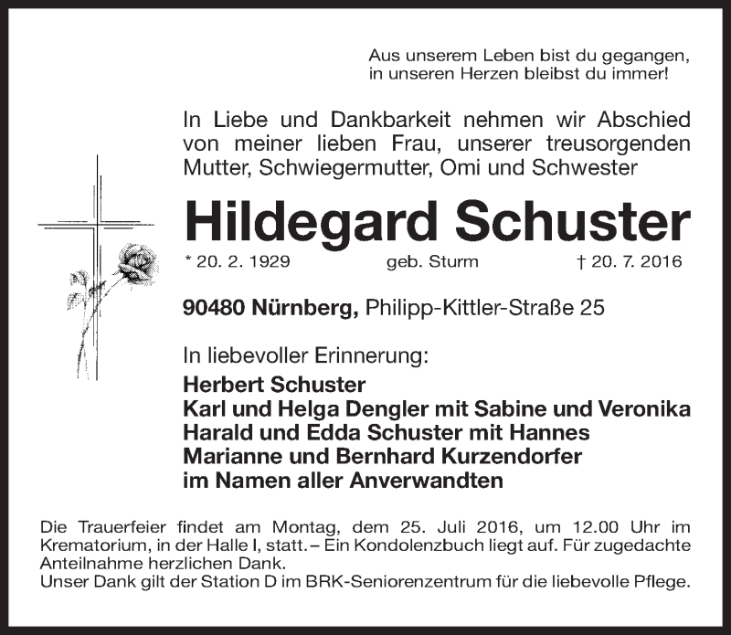  Traueranzeige für Hildegard Schuster vom 23.07.2016 aus Gesamtausgabe Nürnberger Nachrichten/ Nürnberger Ztg.