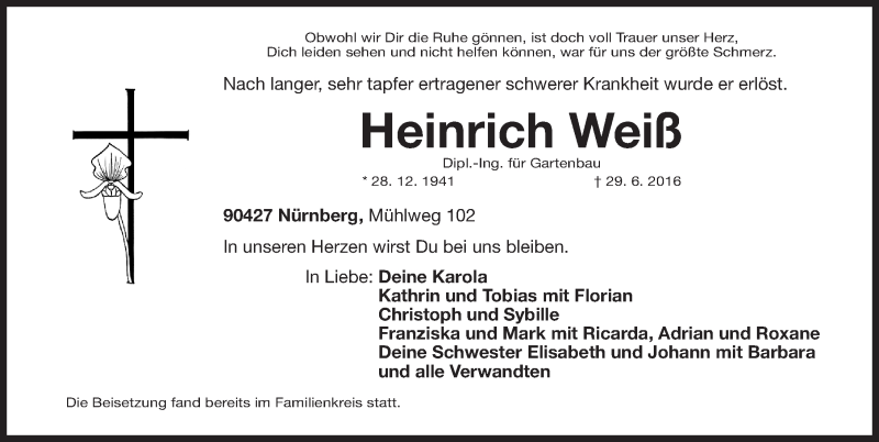  Traueranzeige für Heinrich Weiß vom 06.07.2016 aus Gesamtausgabe Nürnberger Nachrichten/ Nürnberger Ztg.