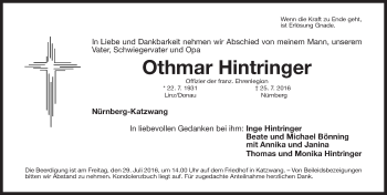 Traueranzeige von Othmar Hintringer von Gesamtausgabe Nürnberger Nachrichten/ Nürnberger Ztg.