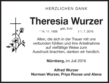 Traueranzeige von Theresia Wurzer von Gesamtausgabe Nürnberger Nachrichten/ Nürnberger Ztg.