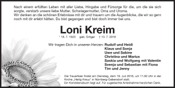 Traueranzeige von Loni Kreim von Gesamtausgabe Nürnberger Nachrichten/ Nürnberger Ztg.