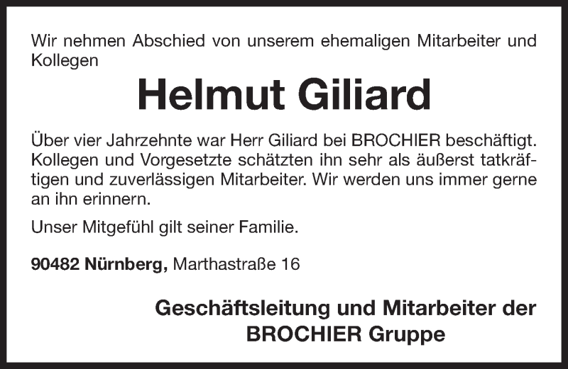  Traueranzeige für Helmut Giliard vom 11.07.2016 aus Gesamtausgabe Nürnberger Nachrichten/ Nürnberger Ztg.