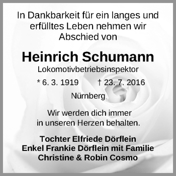 Traueranzeige von Heinrich Schumann von Gesamtausgabe Nürnberger Nachrichten/ Nürnberger Ztg.