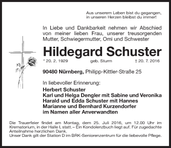 Traueranzeige von Hildegard Schuster von Gesamtausgabe Nürnberger Nachrichten/ Nürnberger Ztg.