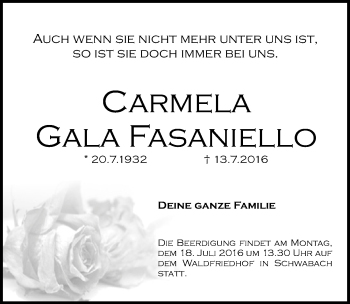 Traueranzeige von Carmela Gala Fasaniello von Schwabach