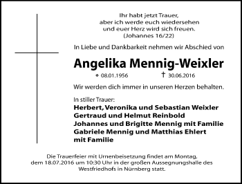 Traueranzeige von Angelika Mennig-Weixler von Altmühl-Bote Lokal