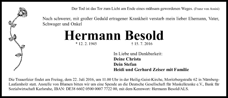  Traueranzeige für Hermann Besold vom 20.07.2016 aus Gesamtausgabe Nürnberger Nachrichten/ Nürnberger Ztg.