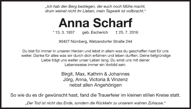  Traueranzeige für Anna Scharf vom 06.08.2016 aus Gesamtausgabe Nürnberger Nachrichten/ Nürnberger Ztg.