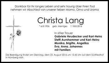 Traueranzeige von Christa Lang von Gesamtausgabe Nürnberger Nachrichten/ Nürnberger Ztg.