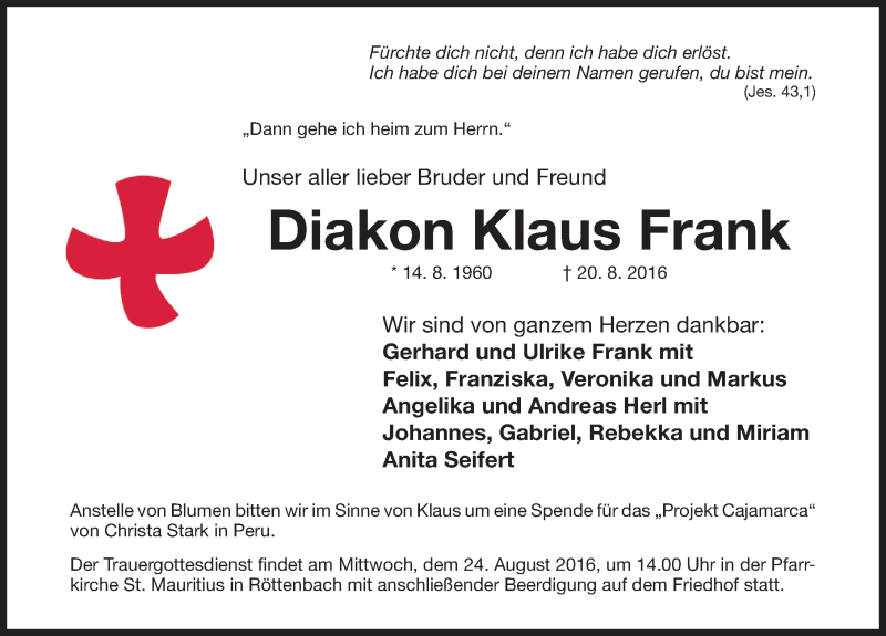  Traueranzeige für Klaus Frank vom 23.08.2016 aus Erlanger Nachrichten Lokal