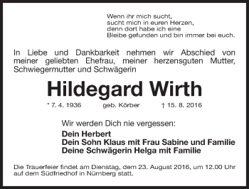 Traueranzeige von Hildegard Wirth von Gesamtausgabe Nürnberger Nachrichten/ Nürnberger Ztg.