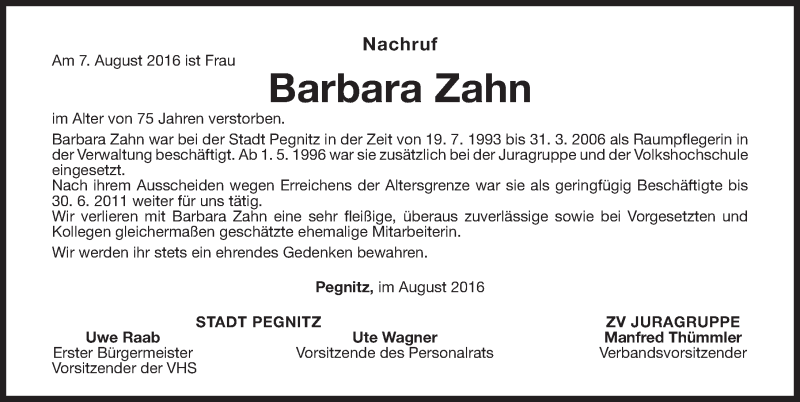  Traueranzeige für Barbara Zahn vom 10.08.2016 aus Nordbayerische Nachrichten Pegnitz Lokal