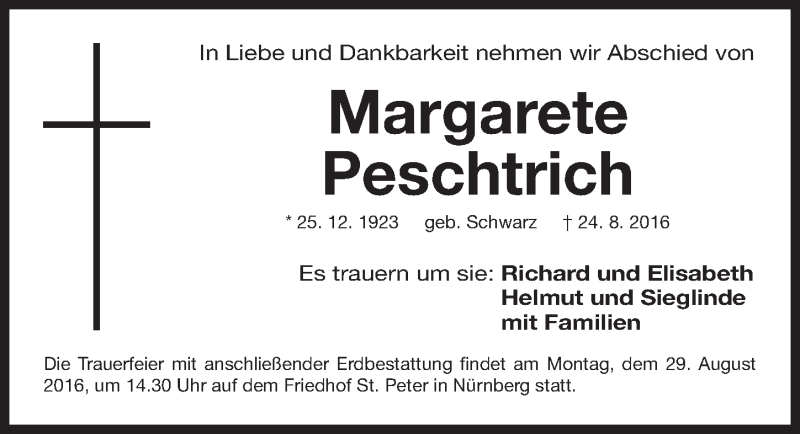  Traueranzeige für Margarete Peschtrich vom 27.08.2016 aus Gesamtausgabe Nürnberger Nachrichten/ Nürnberger Ztg.
