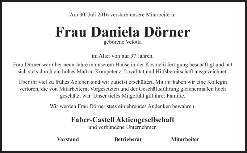  Traueranzeige für Daniela Dörner vom 13.08.2016 aus Gesamtausgabe Nürnberger Nachrichten/ Nürnberger Ztg.