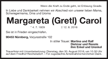 Traueranzeige von Margareta Carol von Gesamtausgabe Nürnberger Nachrichten/ Nürnberger Ztg.