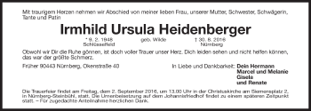 Traueranzeige von Irmhild Ursula Heidenberger von Gesamtausgabe Nürnberger Nachrichten/ Nürnberger Ztg.