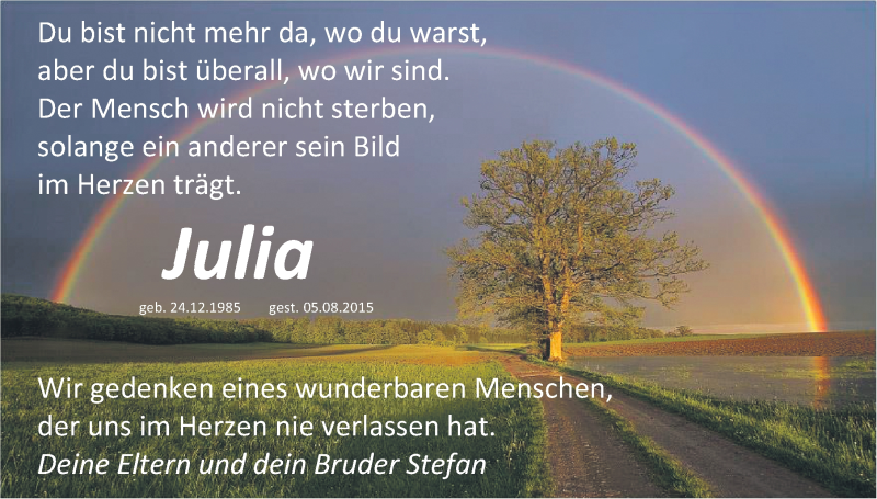  Traueranzeige für Julia Wechsler vom 06.08.2016 aus Roth-Hilpoltsteiner Volkszeitung Lokal