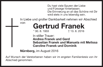Traueranzeige von Gertrud Franek von Gesamtausgabe Nürnberger Nachrichten/ Nürnberger Ztg.