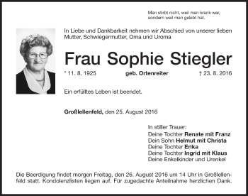 Traueranzeigen von Sophie Stiegler | trauer.nn.de