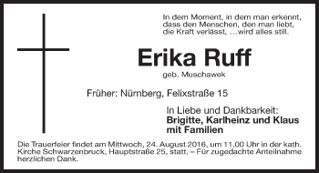 Traueranzeige von Erika Ruff von Gesamtausgabe Nürnberger Nachrichten/ Nürnberger Ztg.