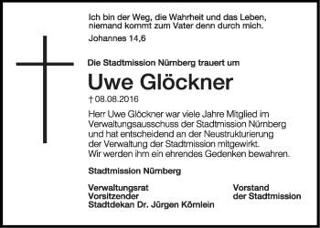 Traueranzeige von Uwe Glöckner von Gesamtausgabe Nürnberger Nachrichten/ Nürnberger Ztg.