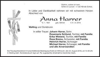 Traueranzeige von Anna Harrer von Roth-Hilpoltsteiner Volkszeitung Lokal