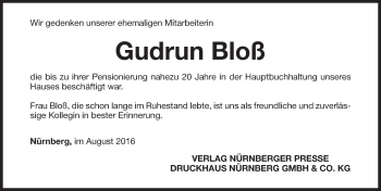 Traueranzeige von Gudrun Bloß von Gesamtausgabe Nürnberger Nachrichten/ Nürnberger Ztg.