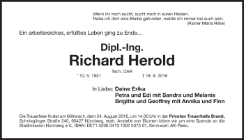 Traueranzeige von Richard Herold von Gesamtausgabe Nürnberger Nachrichten/ Nürnberger Ztg.