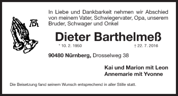 Traueranzeige von Dieter Barthelmeß von Gesamtausgabe Nürnberger Nachrichten/ Nürnberger Ztg.