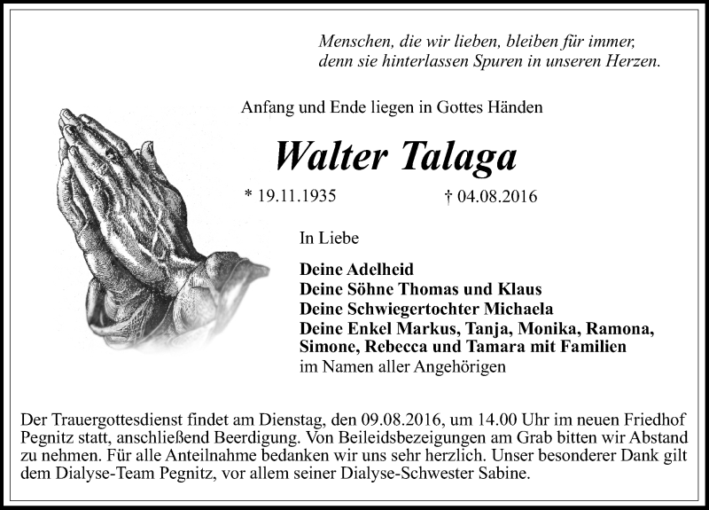  Traueranzeige für Walter Talaga vom 06.08.2016 aus Nordbayerische Nachrichten Pegnitz Lokal