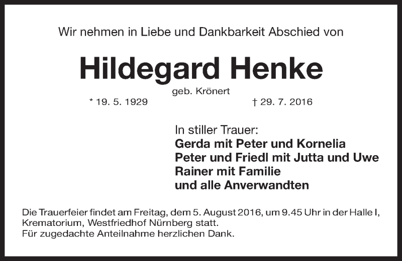  Traueranzeige für Hildegard Henke vom 03.08.2016 aus Gesamtausgabe Nürnberger Nachrichten/ Nürnberger Ztg.