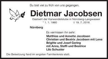 Traueranzeige von Dietmar Jacobsen von Gesamtausgabe Nürnberger Nachrichten/ Nürnberger Ztg.