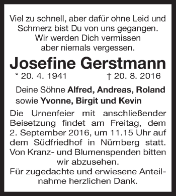 Traueranzeige von Josefine Gerstmann von Gesamtausgabe Nürnberger Nachrichten/ Nürnberger Ztg.