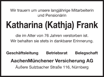 Traueranzeige von Katharina  Frank von Gesamtausgabe Nürnberger Nachrichten/ Nürnberger Ztg.
