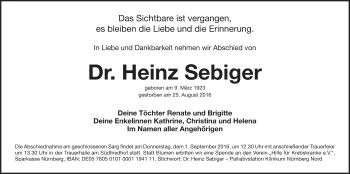 Traueranzeige von Heinz Sebiger von Gesamtausgabe Nürnberger Nachrichten/ Nürnberger Ztg.