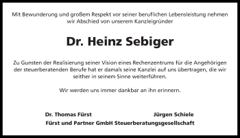 Traueranzeige von Heinz Sebiger von Gesamtausgabe Nürnberger Nachrichten/ Nürnberger Ztg.