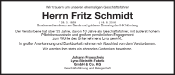 Traueranzeige von Fritz Schmidt von Gesamtausgabe Nürnberger Nachrichten/ Nürnberger Ztg.