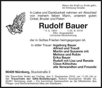 Traueranzeige von Rudolf Bauer von Gesamtausgabe Nürnberger Nachrichten/ Nürnberger Ztg.