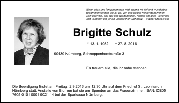 Traueranzeige von Brigitte Schulz von Gesamtausgabe Nürnberger Nachrichten/ Nürnberger Ztg.