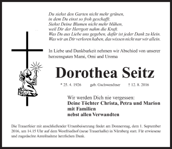 Traueranzeige von Dorothea Seitz von Gesamtausgabe Nürnberger Nachrichten/ Nürnberger Ztg.