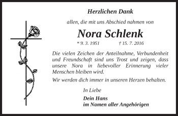 Traueranzeige von Nora Schlenk von Gesamtausgabe Nürnberger Nachrichten/ Nürnberger Ztg.