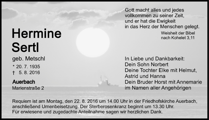  Traueranzeige für Hermine Sertl vom 16.08.2016 aus Nordbayerische Nachrichten Pegnitz Lokal